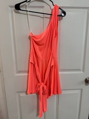 Fashion Nova One-Shoulder Coral Dress with Waist Tie